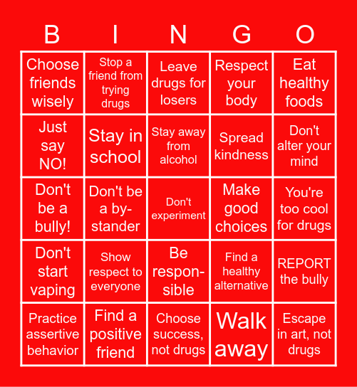 Anti-Drug/Anti-Bulling Bingo Card