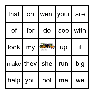 Bat Sight Word Bingo Card