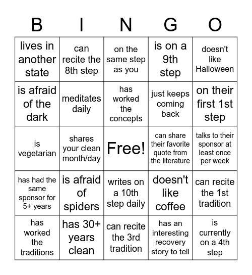 Recovery Bingo!!! Bingo Card