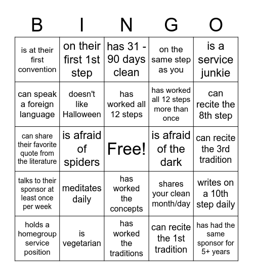 Recovery Bingo!!! Bingo Card