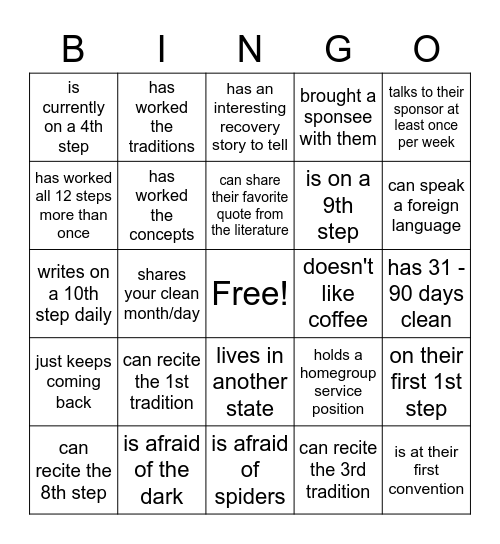 Recovery Bingo!!! Bingo Card