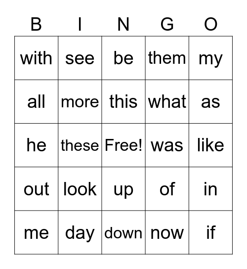 Sight Word Bingo Card