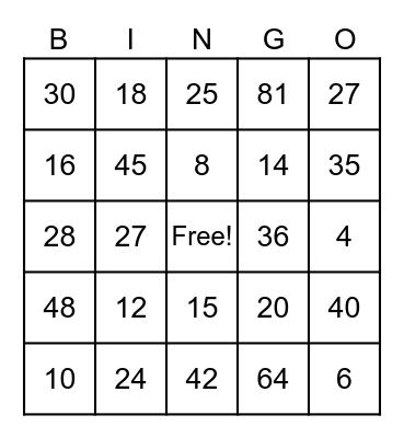 Multiplication Bingo Card
