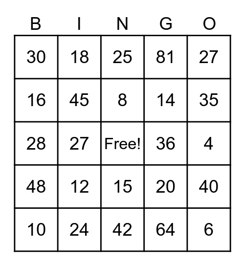 Multiplication Bingo Card
