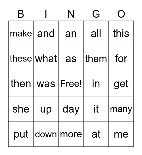 Sight Word Bingo Card