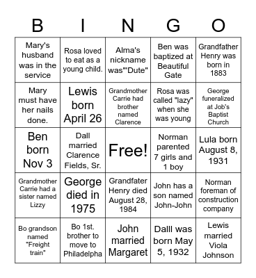 Allen Family Reunion Bingo Card