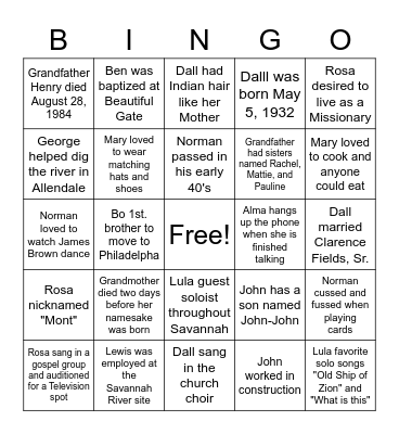Allen Family Reunion Bingo Card