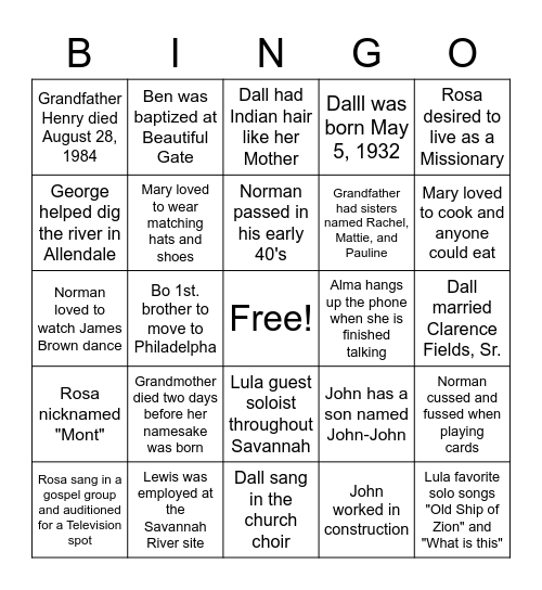 Allen Family Reunion Bingo Card
