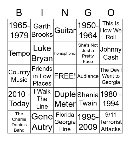 FAA1330: Country Music Group Bingo Card