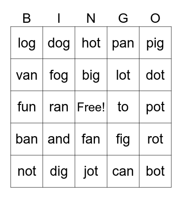 Sight Words Bingo Card