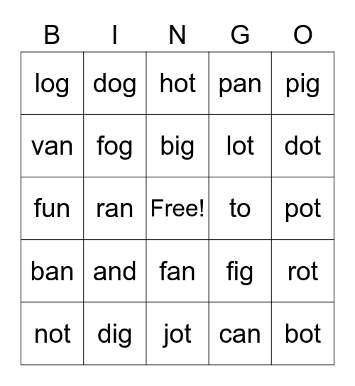 Sight Words Bingo Card