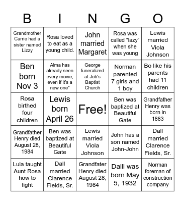 Allen Family Reunion Bingo Card