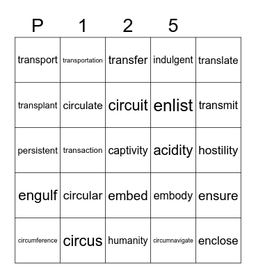 Purple 125 Bingo Card