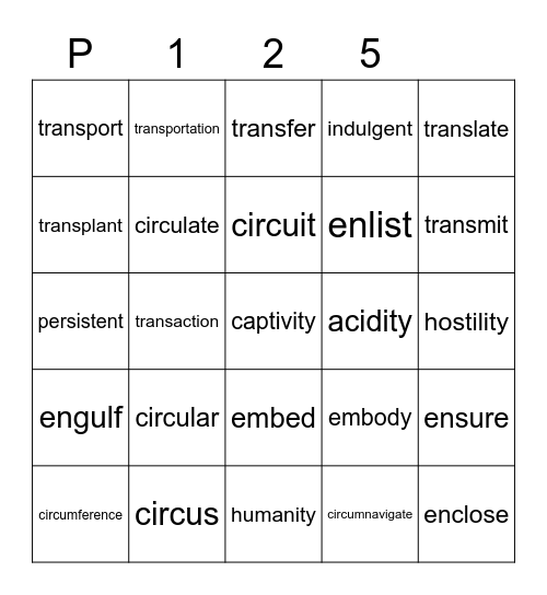 Purple 125 Bingo Card