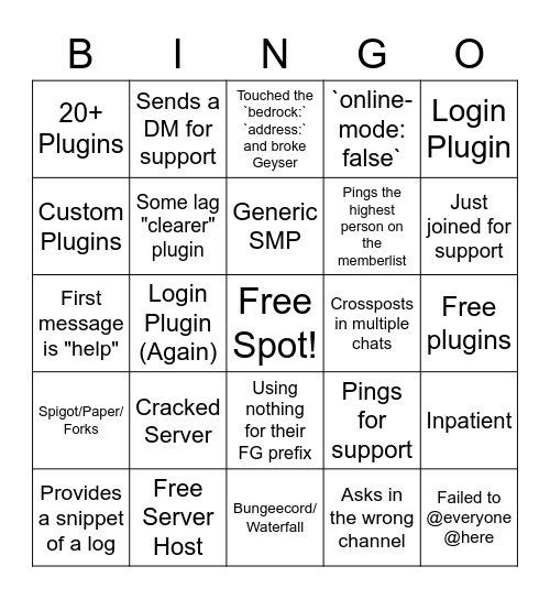 MC Support server bingo Card