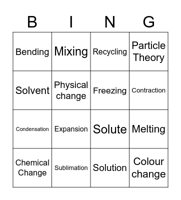 Year 8, Physical & Chemical Change Bingo Card