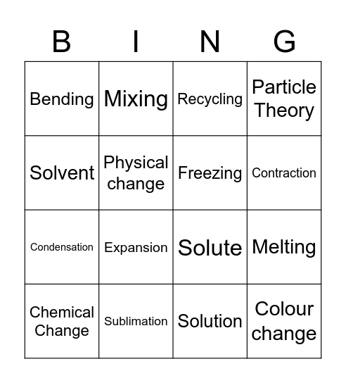 Year 8, Physical & Chemical Change Bingo Card
