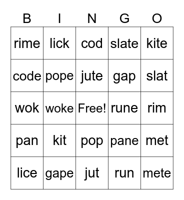 Long and short vowels Bingo Card