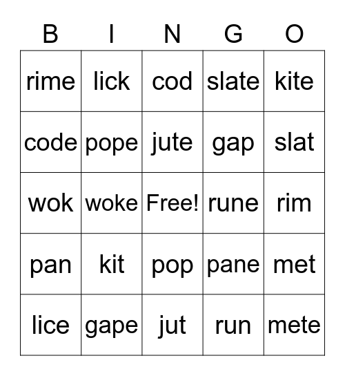 Long and short vowels Bingo Card