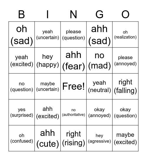 Intonation Bingo Card