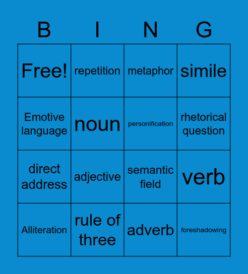 terminology Bingo Card