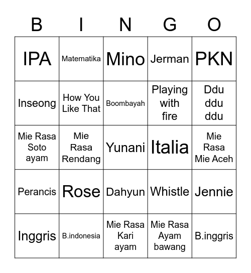 Bingo With ROSEISIE Bingo Card