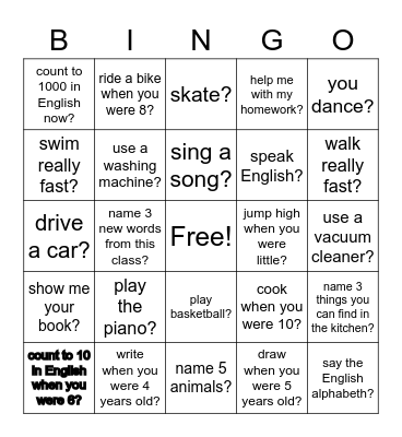 Can / Could you...? Yes, I can. / No, I can't. / Yes, I could. / No, I couldn't. Bingo Card