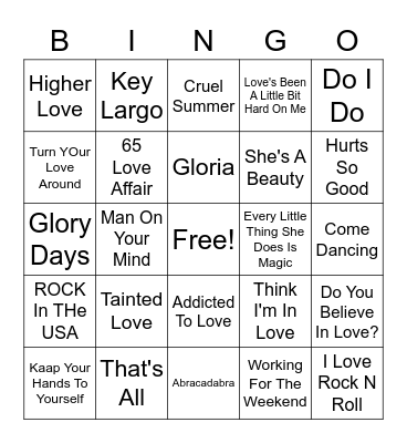 80's Hits Bingo Card