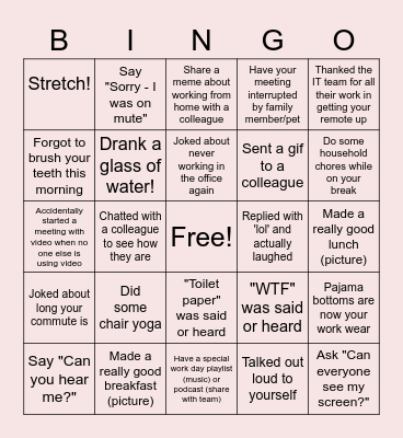 Remote Work Bingo Card