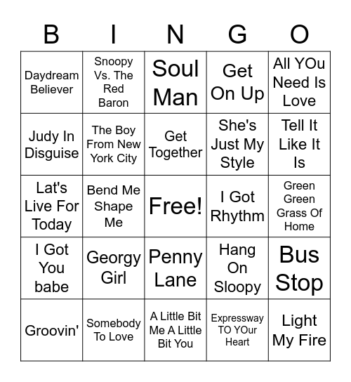 60's Hits Bingo Card