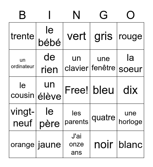 Français 6th (NGMS) Bingo Card