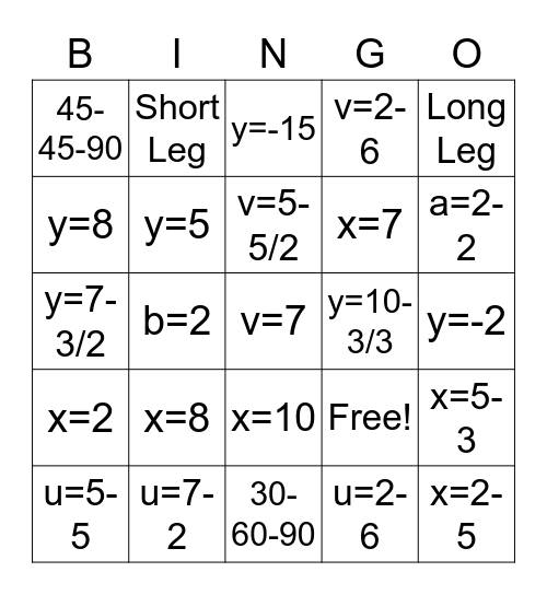 Special Right Triangles Bingo Card