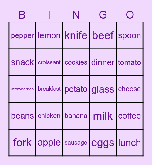 La Nourriture (en anglais) Bingo Card