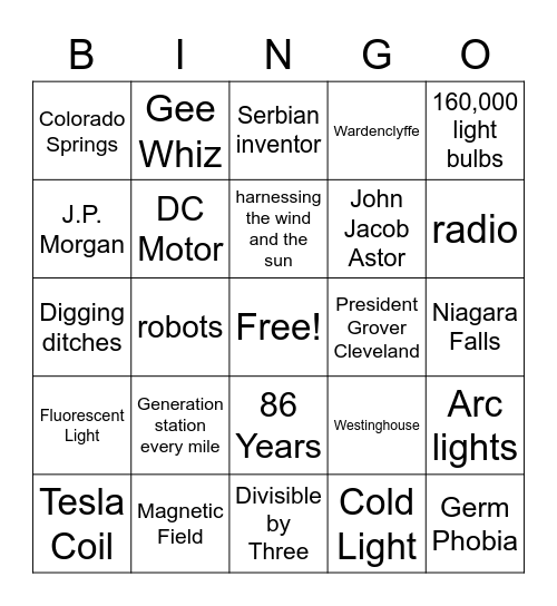 Tesla Bingo Card