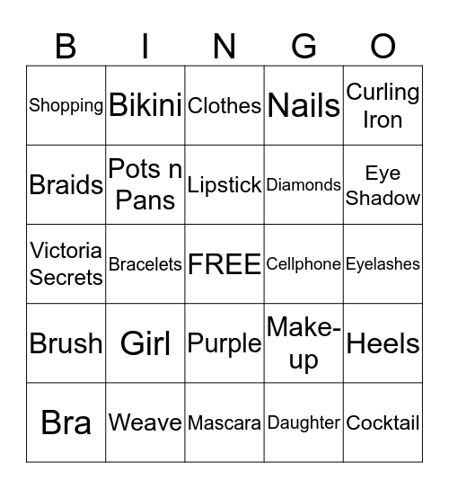 Girl Stuff Bingo Card