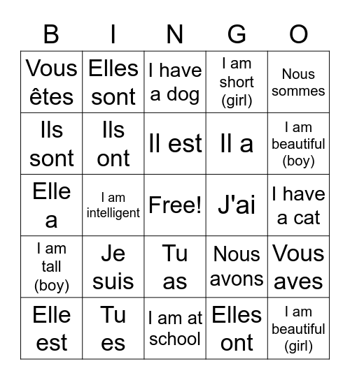 Avoir and Être BINGO (with simple adjectives) Bingo Card