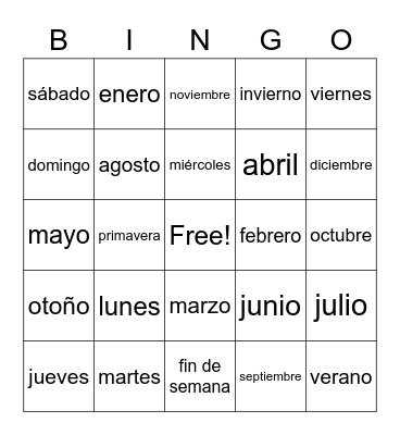 Meses, días, estaciones del año Bingo Card