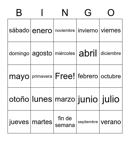 Meses, días, estaciones del año Bingo Card