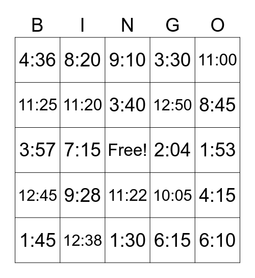 Telling Time Bingo Card