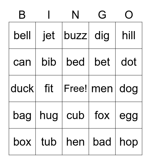Short vowels Bingo Card
