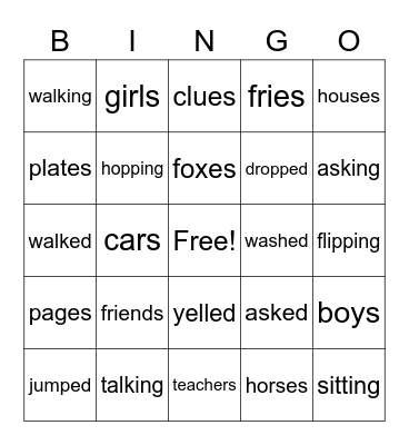 Inflectional Endings Bingo Card