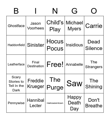 Scary Movie BINGO Card