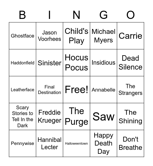 Scary Movie BINGO Card