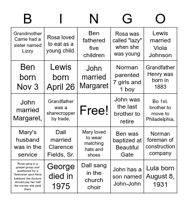 Allen Family Reunion Bingo Card