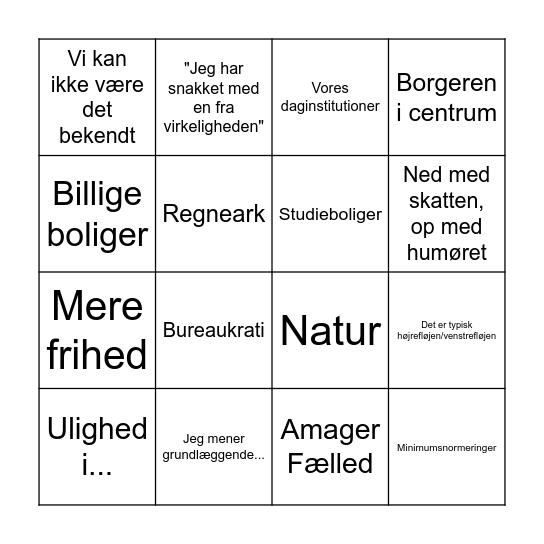 Fredagsbar, debat og politikerbanko Bingo Card