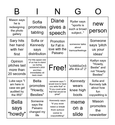 Paisano General Meeting Bingo Card