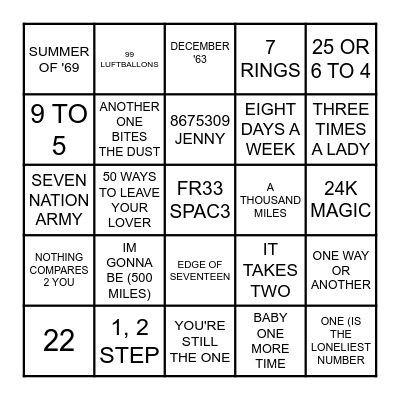 NUMBERS Bingo Card