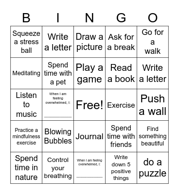 Coping Skills Bingo Card