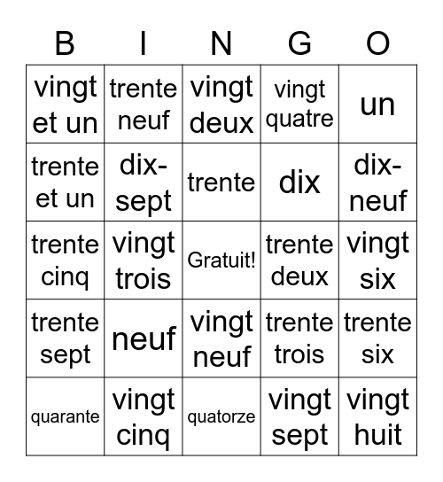 Les Numéros: Un à quarante Bingo Card