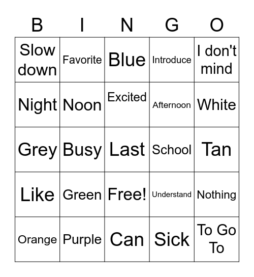 ASL Colors and MASL Unit 1 VocabB Bingo Card